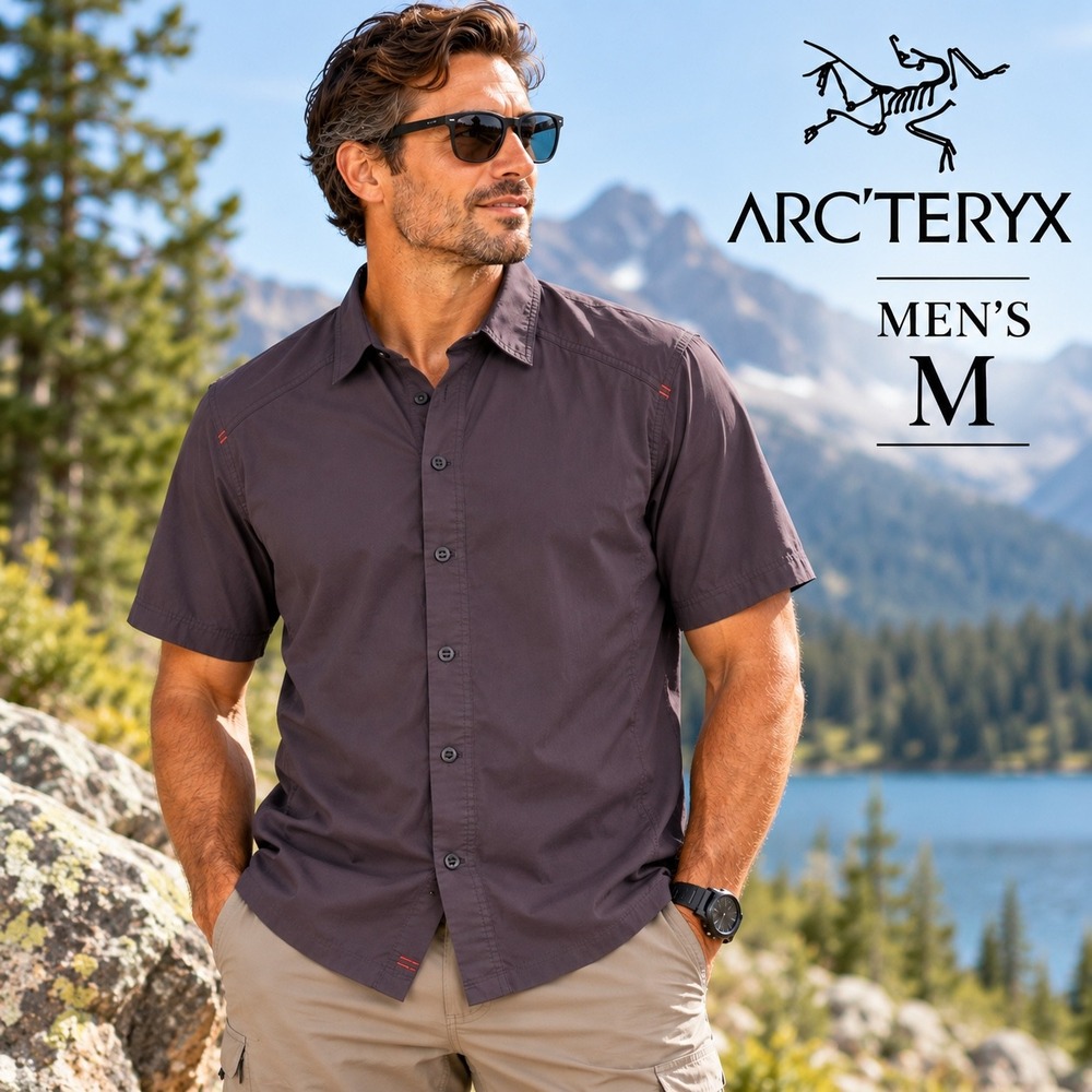 Arc'teryx Button Down Shirt Mens Medium Plum Short Sleeve Stretch Hiking Outdoor
